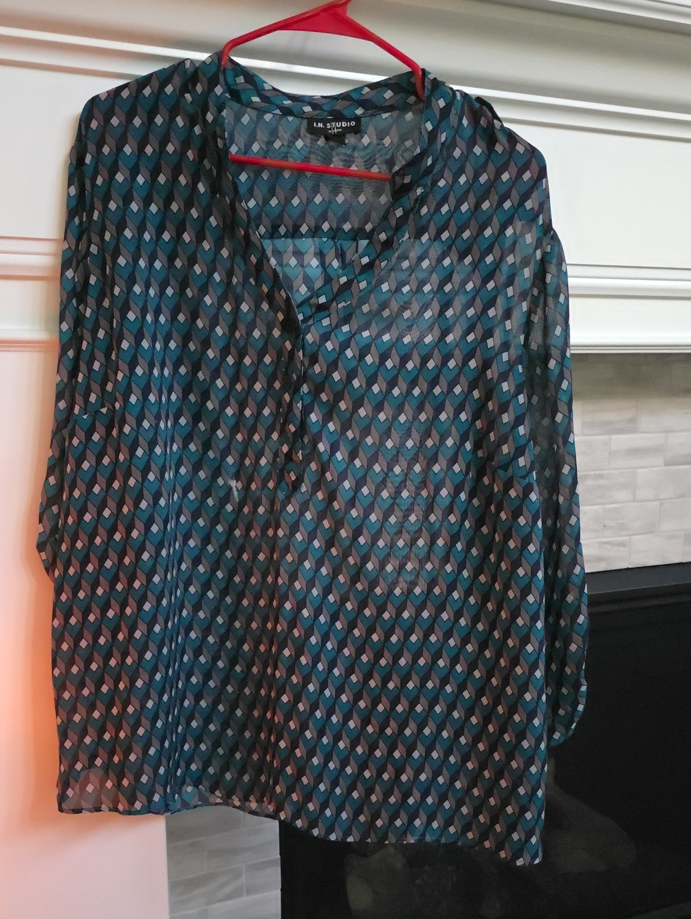 I.N. Studio Teal and Black Geometric Sheer Blouse